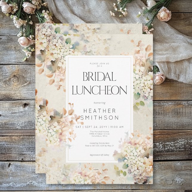 Convite Almoço Romântico Neutro Vintage de Hortênsias Nupc (Romantic Neutral Vintage Hydrangeas Bridal Lunch Invitation)