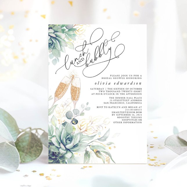 Convite Almoço verde e Chá de panela espumante (Lunch and Bubbly Greenery Bridal Shower Invitations)