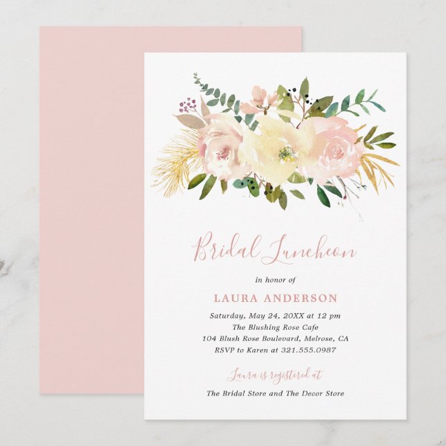 Convite Almofada Brida Rosa-Rosa, Dourada Floral Elegante (Frente/Verso)