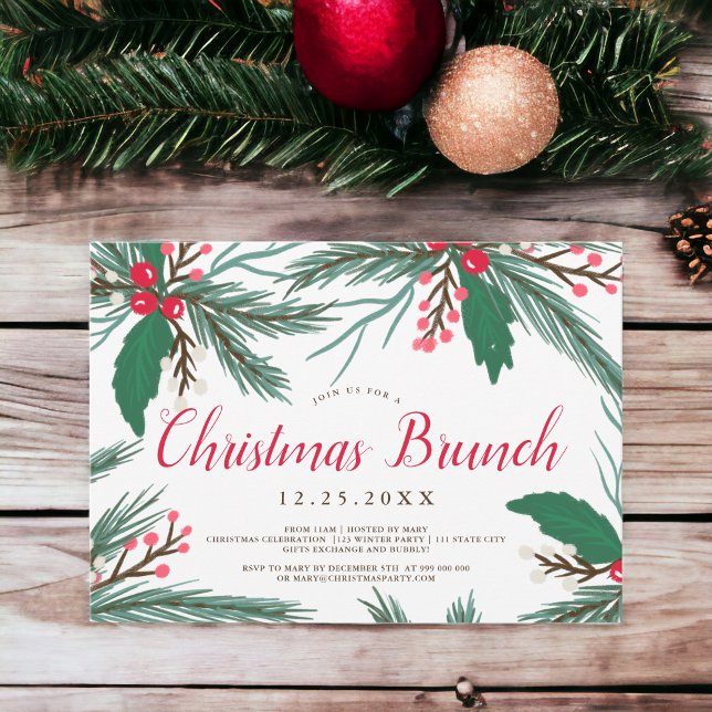 Convite Almofada de água verde-vermelha, brunch de Natal (Red green mistletoe watercolor Christmas brunch Invitation)