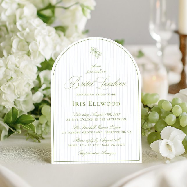 Convite Almofada Elegante Verde e Azul (Elegant Arch Sage Green & Blue Bridal Luncheon Invitation)