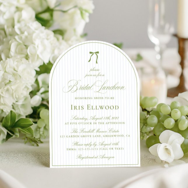 Convite Almofada Elegante Verde e Azul (Elegant Arch Sage Green & Blue Bridal Luncheon Invitation)