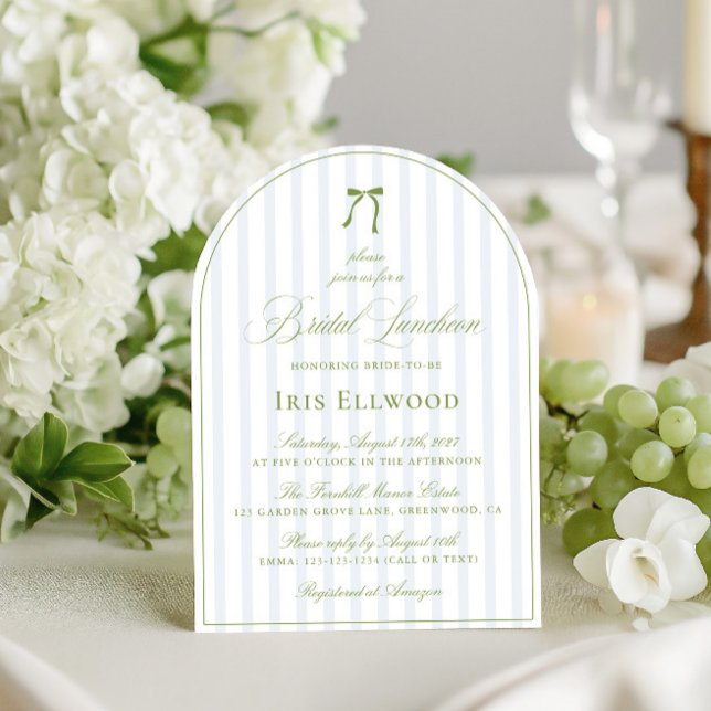 Convite Almofada Elegante Verde e Azul (Elegant Arch Sage Green & Blue Bridal Luncheon Invitation)