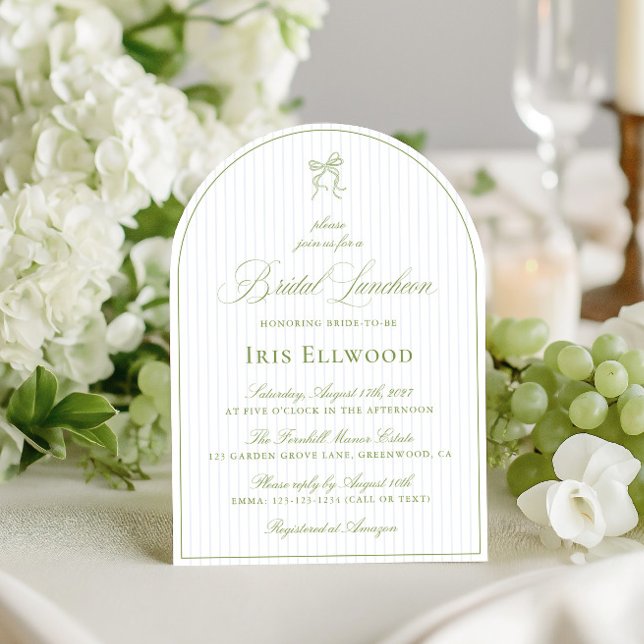 Convite Almofada Elegante Verde e Azul (Elegant Arch Sage Green & Blue Bridal Luncheon Invitation)