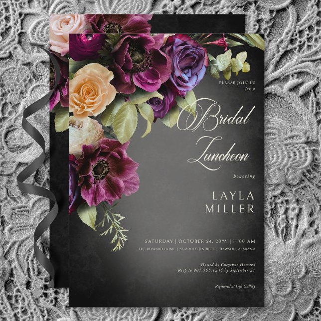 Convite Almofada Floral Bridal Negra Escura (Dark Elegant Black Blur Floral Bridal Luncheon Invitation)