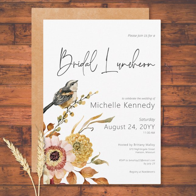 Convite Almofada Floral e Bridal Moderna de Queda (Modern Fall Floral & Bird Bridal Luncheon Invitation)