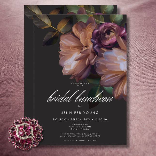 Convite Almofada Floral Negra Elegante (Elegant Black Moody Floral Bridal Luncheon Invitation)