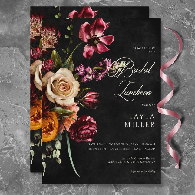 Convite Almofada Floral Negra Negra Escura de outono (Dark Elegant Black Autumn Floral Bridal Luncheon Invitation)