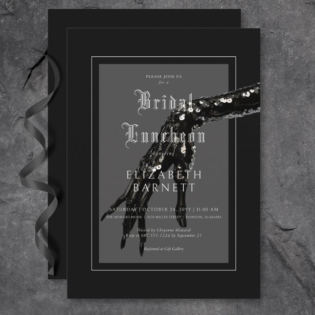 Convite Almofada Negra-Gótica Negra-Escura (Dark Gothic Black Sequin Hand Bridal Luncheon Invitation)
