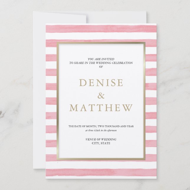 Convite Almond Blossom Watercolor Stripe & Dourado Letteri (Frente)