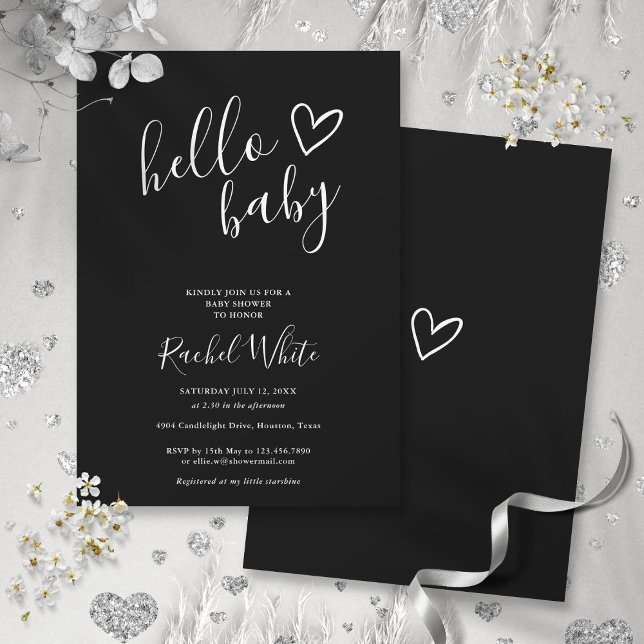 Convite Alô, Chá de fraldas, Preto e Branco Neutro (Hello Baby Shower Gender Neutral Black And White Invitation)