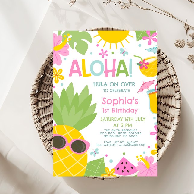 Convite Aloha, Aloha, abacaxi verde-colorido (Hawaiian Theme Birthday Party Invitation Template, Editable Aloha Birthday Invitation Girl Colorful)