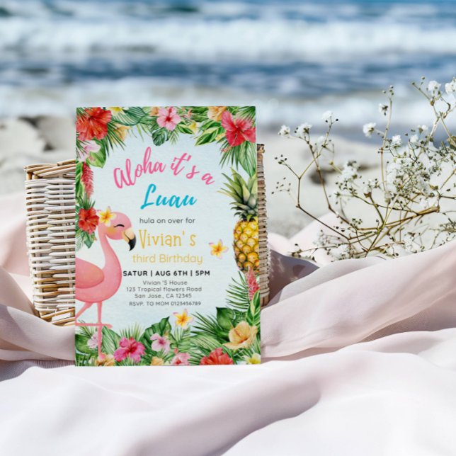Convite Aloha aniversário de 3 anos Girl - Flamingo & Flow (Criador carregado)