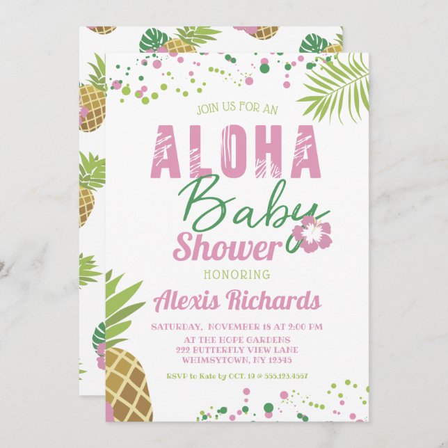 Convite Aloha Baby Pink & Green Tropical Girl Chá de frald (Frente/Verso)