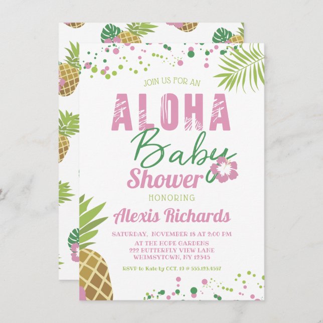 Convite Aloha Baby Pink & Green Tropical Girl Chá de frald (Frente/Verso)