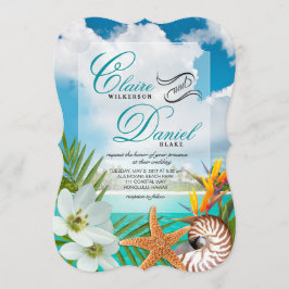 Convite Aloha Beach Weding Plumeria Frangipani Nautilus