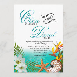 Convite Aloha Beach Weding Plumeria Frangipani Nautilus