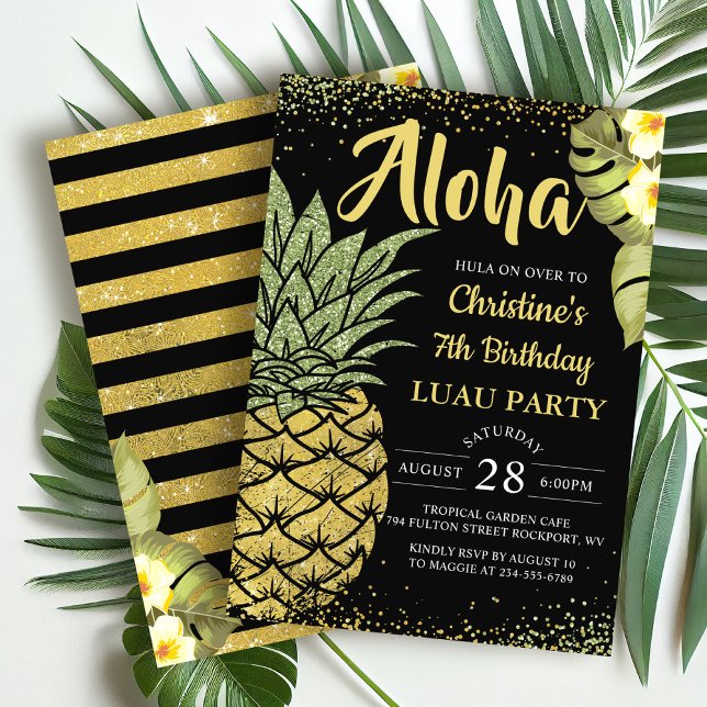 Convite Aloha Black Dourado Tropical Pineapple Aloha Anive (Criador carregado)