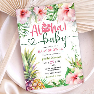 Convite Aloha! Churrasco Tropical de Bebê Menina Rosa