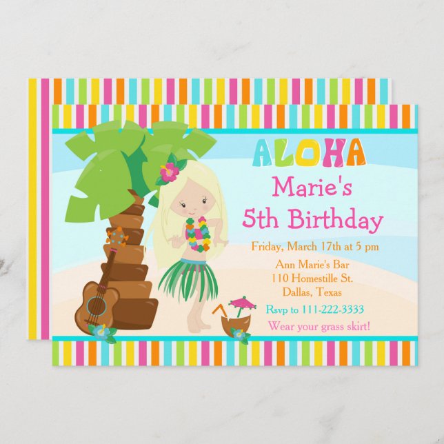 Convite Aloha Cute Blona Festa de aniversário (Frente/Verso)