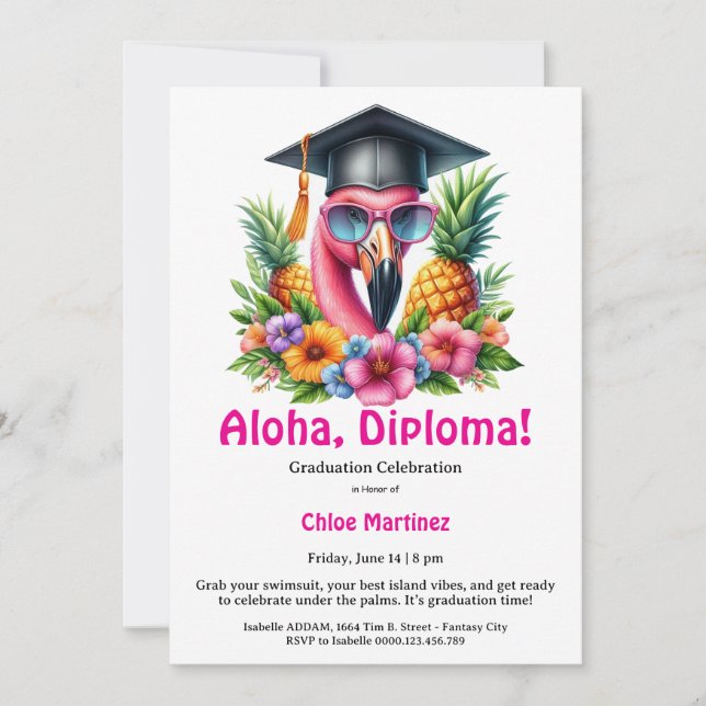 Convite Aloha Diploma Tropical Graduation Pool Party  (Frente)