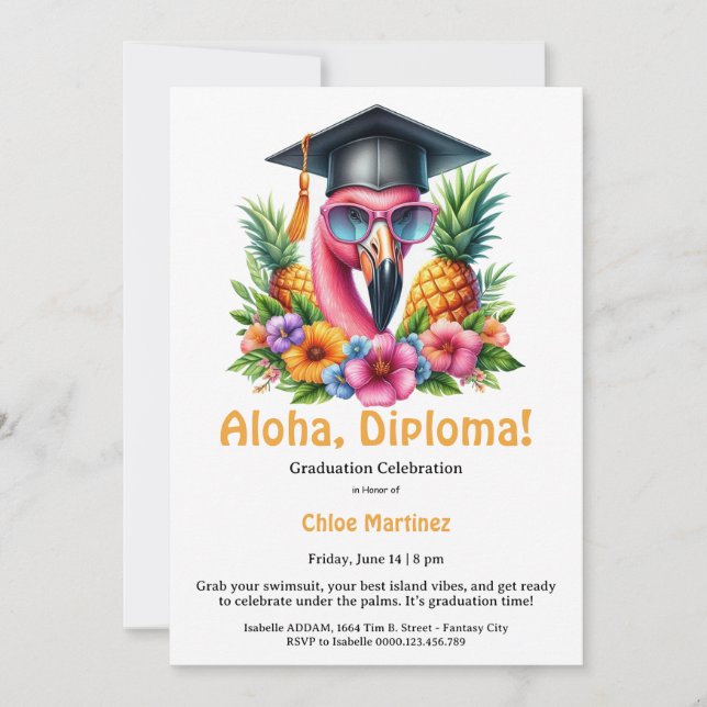 Convite Aloha Diploma Tropical Graduation Pool Party  (Frente)