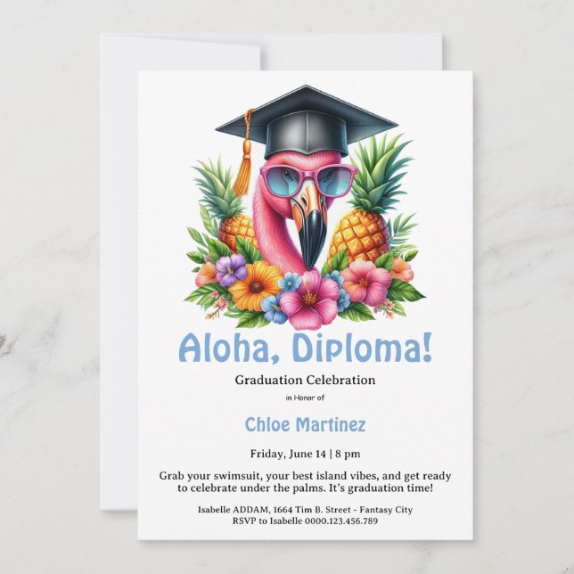 Convite Aloha Diploma Tropical Graduation Pool Party  (Frente)