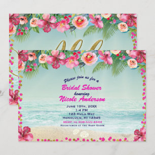 Convite ALOHA Gold Tropical Praia Hibisco Verão Luau