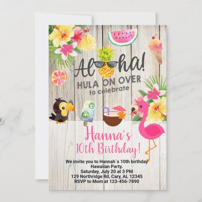 Convite Aloha, hawaiian birthday party invite. (Frente)
