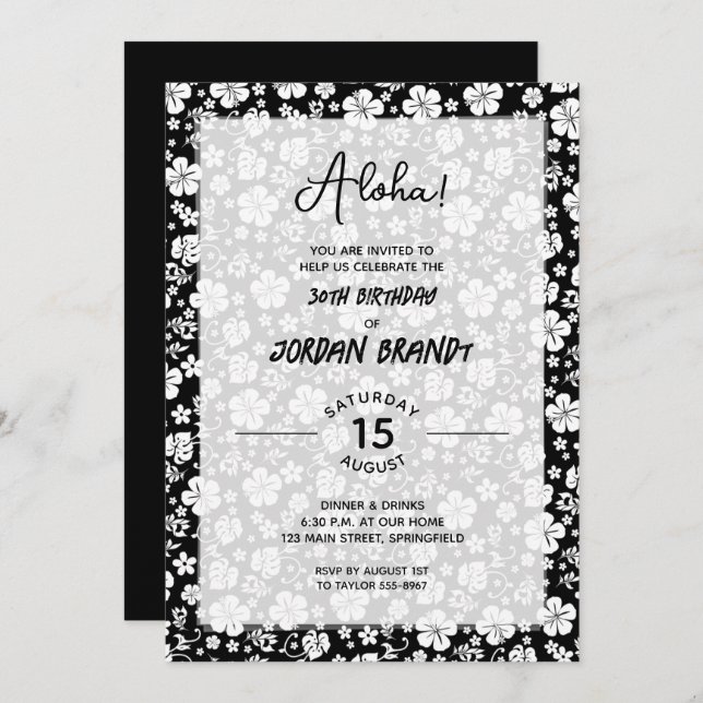 Convite Aloha Hawaiian Floral Black and White Birthday (Frente/Verso)