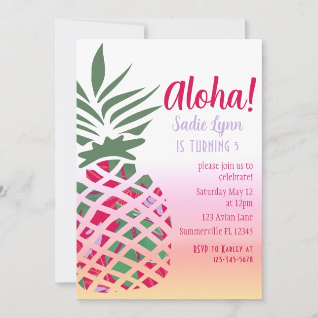 Convite Aloha Hawaiian Pineapple Girls Birthday (Frente)