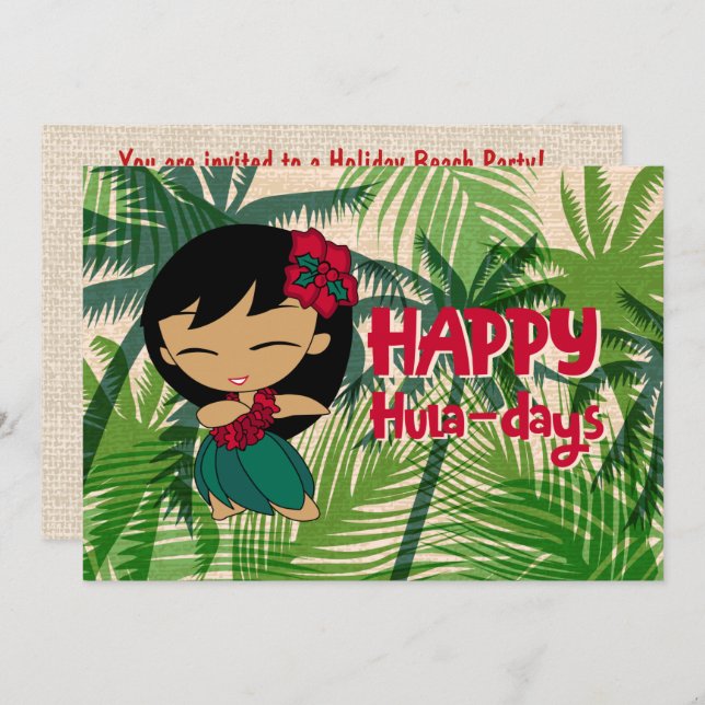 Convite  Aloha Honeys Christmas Holiday Hula Girl Palms (Frente/Verso)
