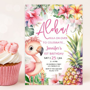 Convite Aloha! Luau 1º Aniversário Rosa Tropical Havaiano