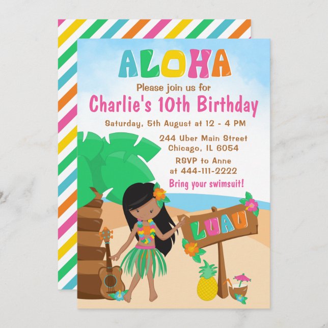 Convite Aloha Luau Beach Birthday African American Girl In (Frente/Verso)
