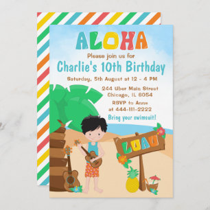 Convite Aloha Luau Beach Birthday Black Hair Boy Invitatio