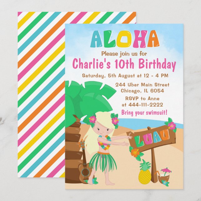Convite Aloha Luau Beach Birthday Blonde Hair Girl Invitat (Frente/Verso)