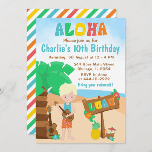 Convite Aloha Luau Beach Birthday Blone Hair Boy Invitati