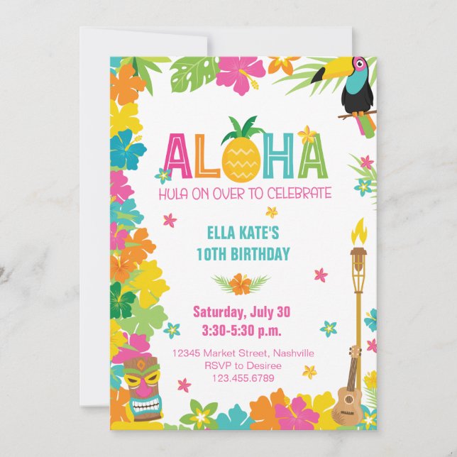 Convite Aloha Luau Birthday Tropical Floral Party (Frente)
