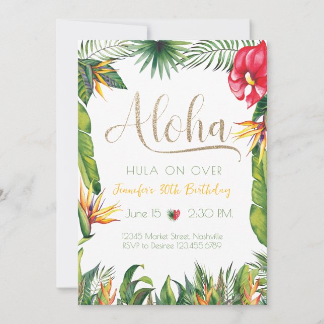 Convite Aloha Luau Birthday Tropical Floral Party (Frente)