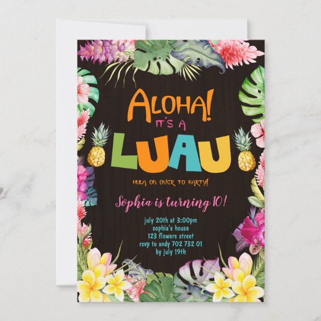 Convite Aloha Luau Russo Verão Tropical Aniversário (Frente)
