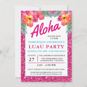 Convite Aloha Luau Tropical Havaiana, Glitter Rosa