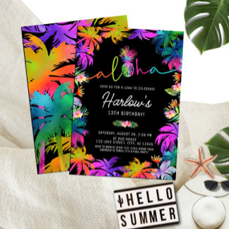 Convite Aloha Neon Tropical Luau Summer Divertido Aloha