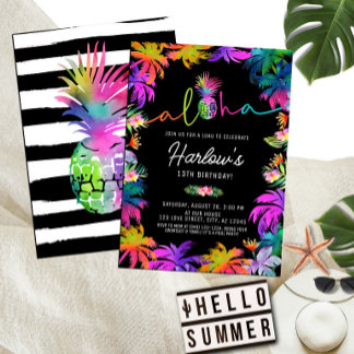 Convite Aloha Neon Tropical Luau Summer Divertido Aloha