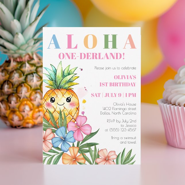 Convite Aloha Onederland primeiro aniversario de abacaxi d (Aloha Onederland Summer Pineapple 1st Birthday Invitation)