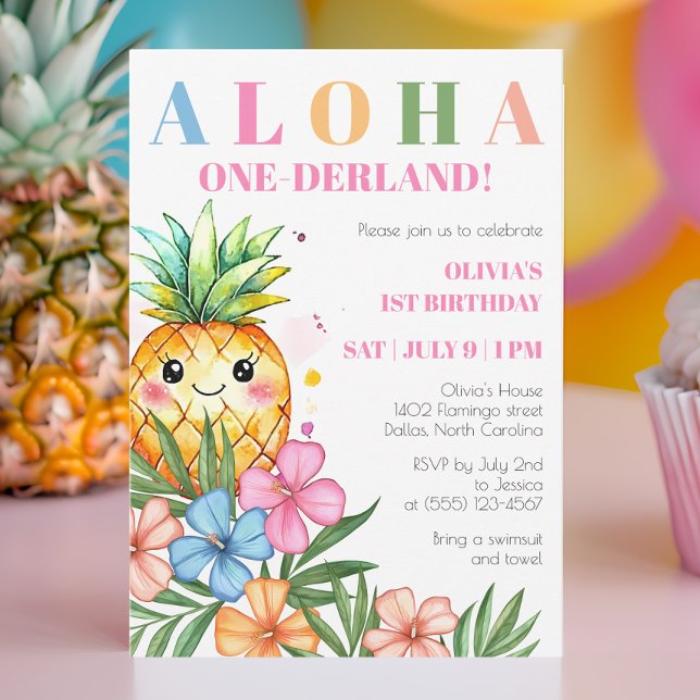 Convite Aloha Onederland primeiro aniversario de abacaxi d (Aloha Onederland Summer Pineapple 1st Birthday Invitation)