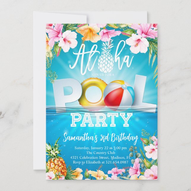 Convite Aloha Piscina Party Birthday (Frente)