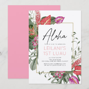 Convite Aloha Rosa e Vermelho Floral Tropical Menina 1º An