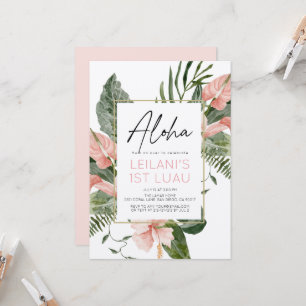 Convite Aloha Rosa Floral Tropical Menina 1º Aniversário