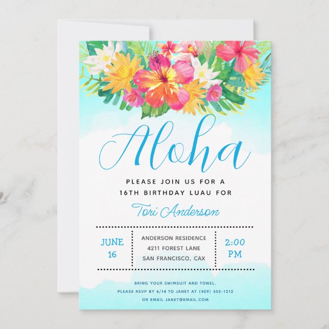 Convite Aloha Script Tropical Birthday Luau Blue (Frente)