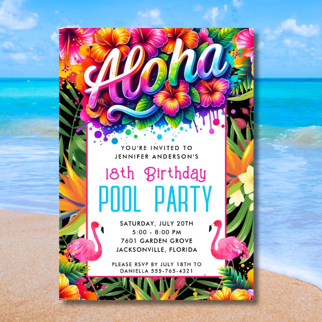 Convite Aloha Tropical Flamingo Birthday Pool Party (Criador carregado)
